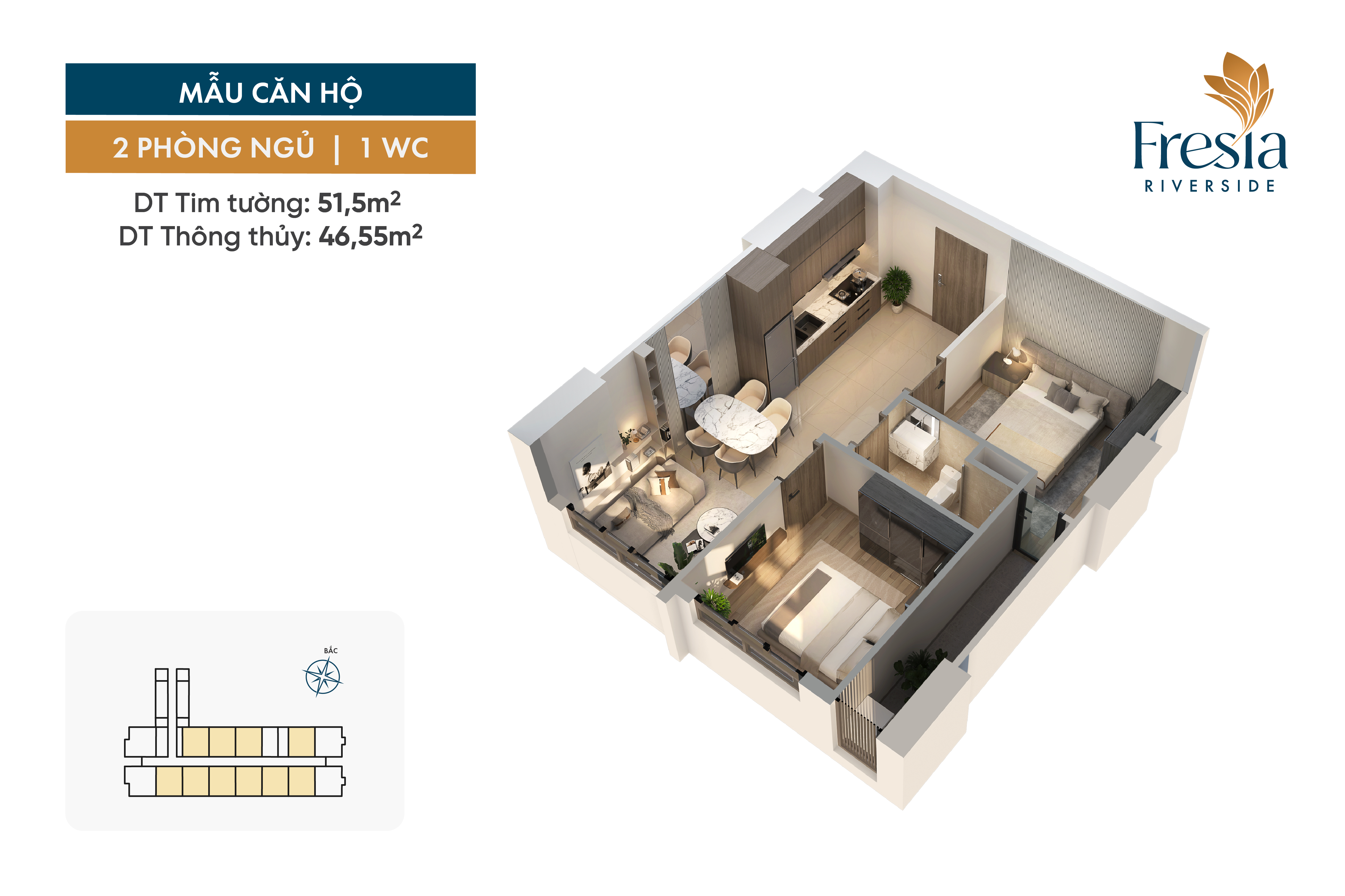 Căn hộ 2 phòng ngủ 1 WC